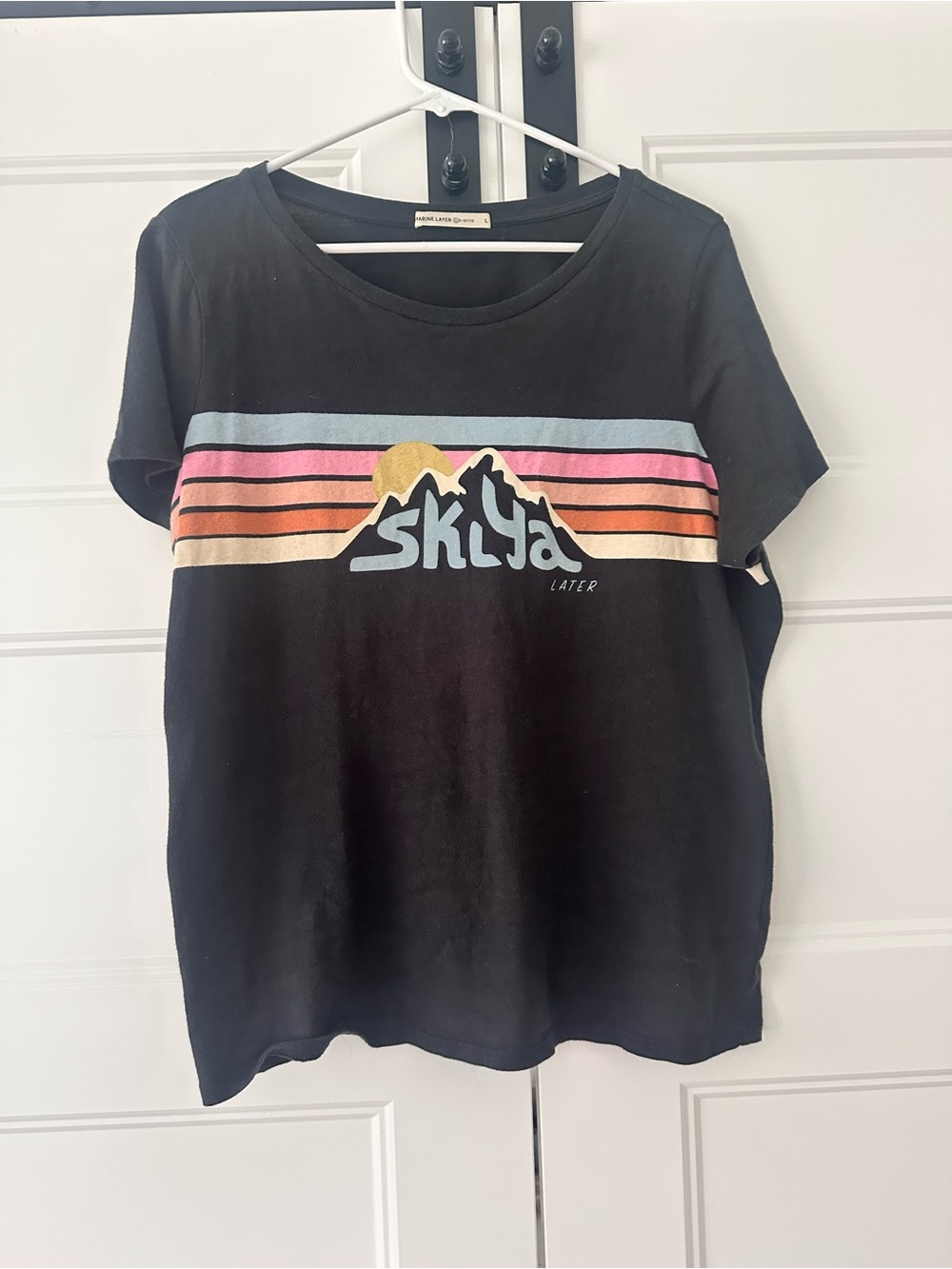 Marine Layer Womens Black Tee with Pink, Blue, Orange & Gold Stripes